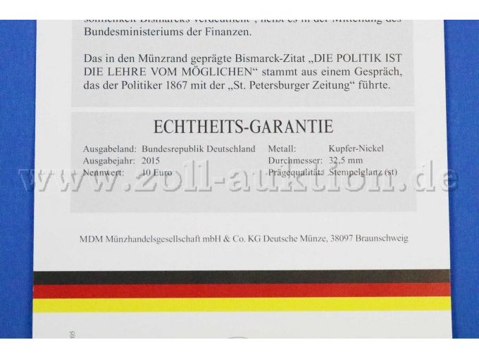 Echtheitsnachweis Münze 200 Geburtstag von Bismarck