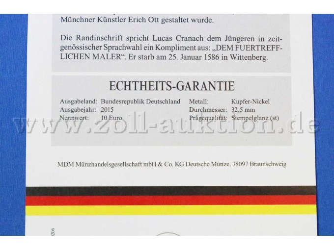 Echtsheitsnachweis Münze 500 Geburtstag Cranach