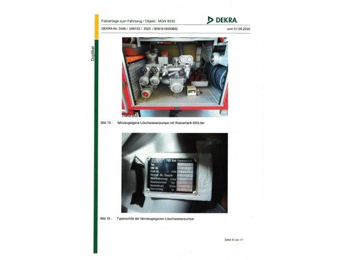 Fahrzeugeigene Löschwasserpumpe mit 600 l Wassertank, Typenschid Löschwasserpumpe