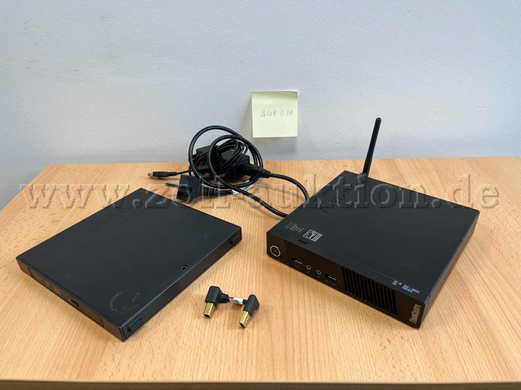 Lenovo ThinkCentre M93, Netzteil, WLAN Antenne und Lenovo ThinkPad USB DVD Burner / Brenner Laufwerk + Lenovo Converterkabel USB A zu B 
Vorderansicht