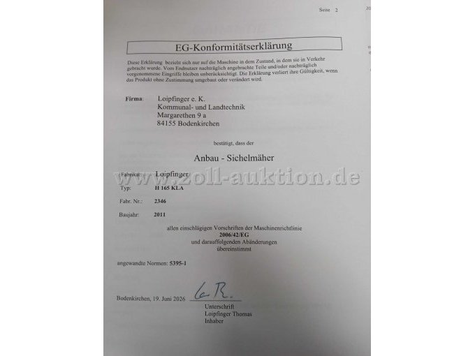 Sichelmäher EG-Konformitätsbescheinigung
