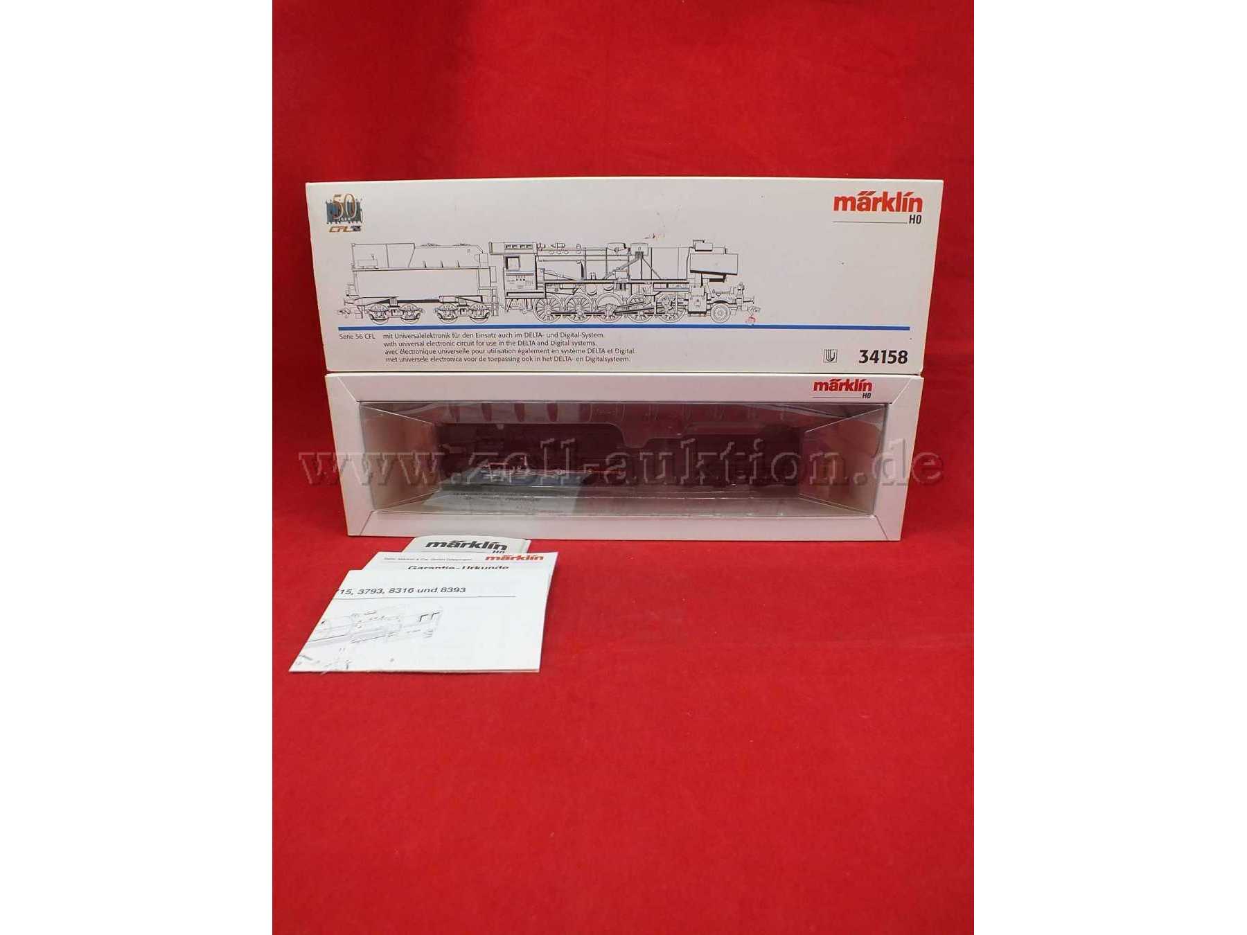 Gesamtaufnahme Märklin Dampflokomotive BR 56 der CFL in OVP und Blister mit Garantieurkunde, Betriebsanleitung und Einzelteilnachweis