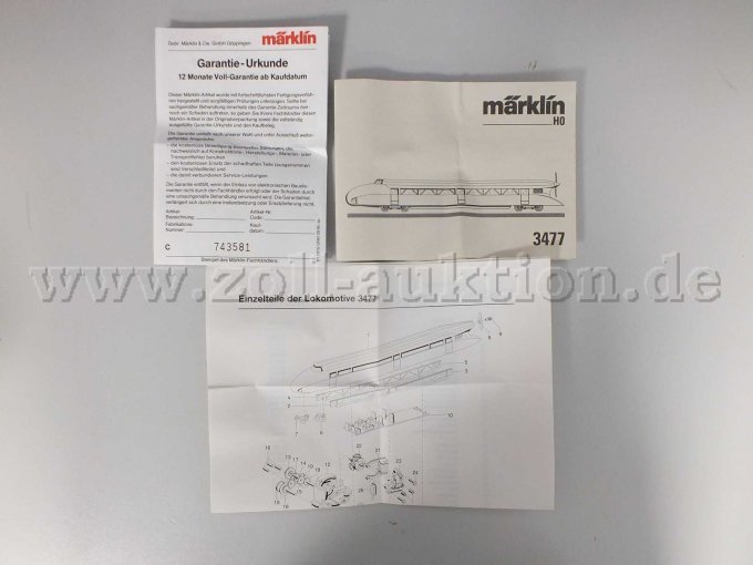 Datenblatt, Garantie-Urkunde und Beschreibung der Einzelteile zur Lokomotive