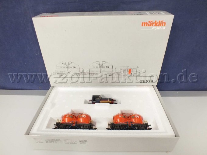 Gesamtansicht der Auktion Märklin 26524 Köf II mit 2 Doppelsilo Wagons Spur H0 in OVP