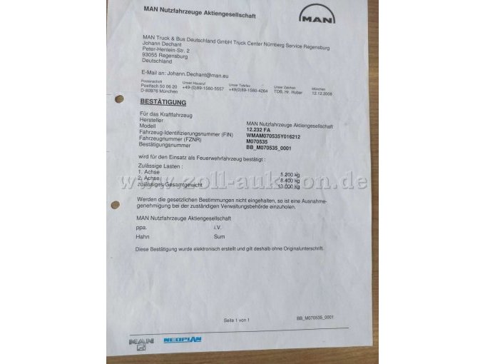 Das Bild zeigt die Bestätigung des Herstellers MAN