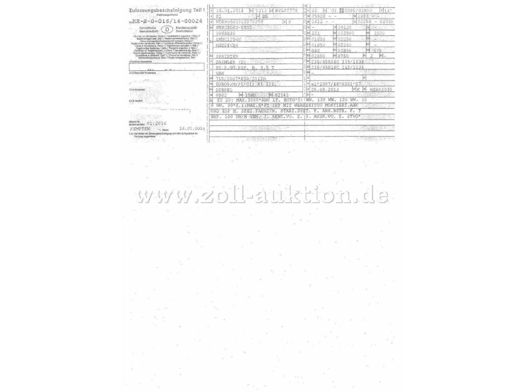 MB Sprinter, Zulassungsbescheinigung Teil 1