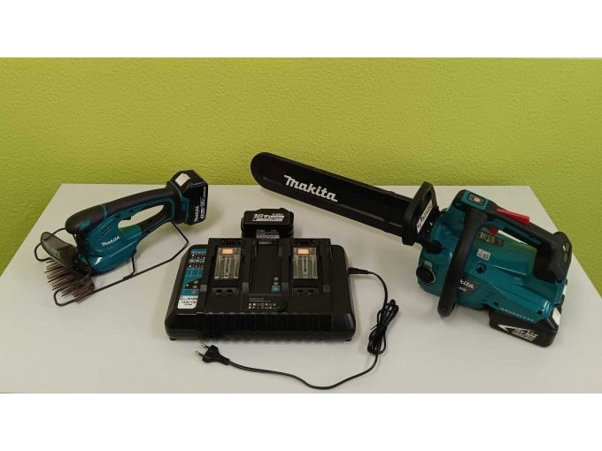 Makita Akku-Kettensäge, Makita Akku-Grasschere, Schnellladegerät + 4 Akkus
