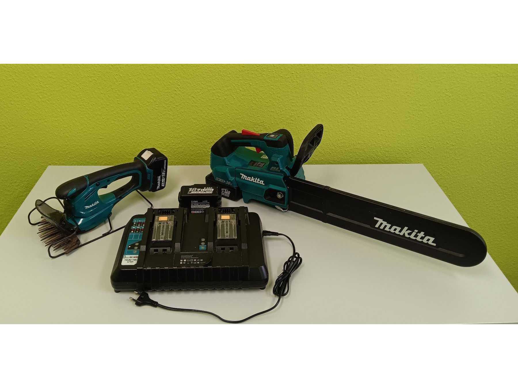 Makita Akku-Kettensäge, Makita Akku-Grasschere, Schnellladegerät + 4 Akkus
