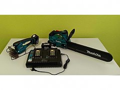 Makita Akku-Kettensäge, Makita Akku-Grasschere, Schnellladegerät + 4 Akkus