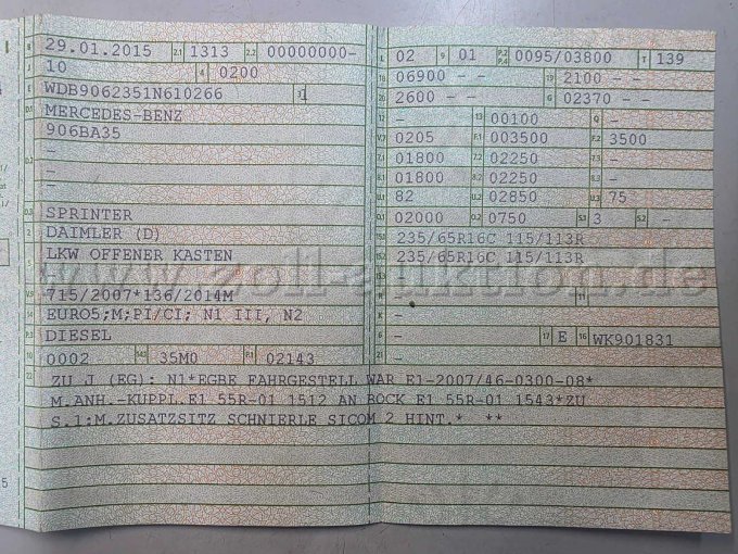 Mercedes Benz Sprinter Pritsche Plane, KFZ-Schein Seite 1 Ansicht