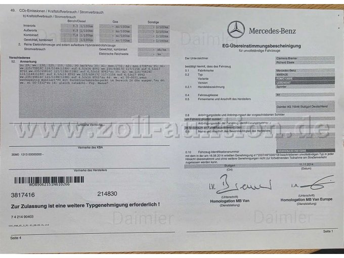 Mercedes Benz Sprinter Pritsche Plane, EG- Übereinstimmungsbescheinigung Seite 1 Ansicht