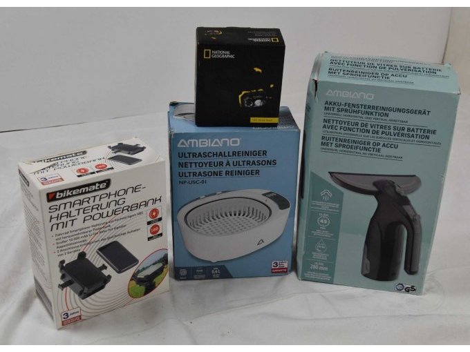 1 Ultraschallreiniger „Northpoint“ NP-USC-01, 1 Akku-Fensterreinigungsgerät Northpoint“, 1 Smartphone Halterung mit Powerbank „bikemate“ & 1 Stirnlampe “National Geographic“