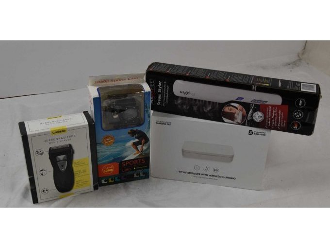 1 Herrenrasierer „Carrera“, 1 Sterilizer „Samsung“, 1 Steam Styler „Maxxmee“ & 1 Sportscam Full HD 1080p
