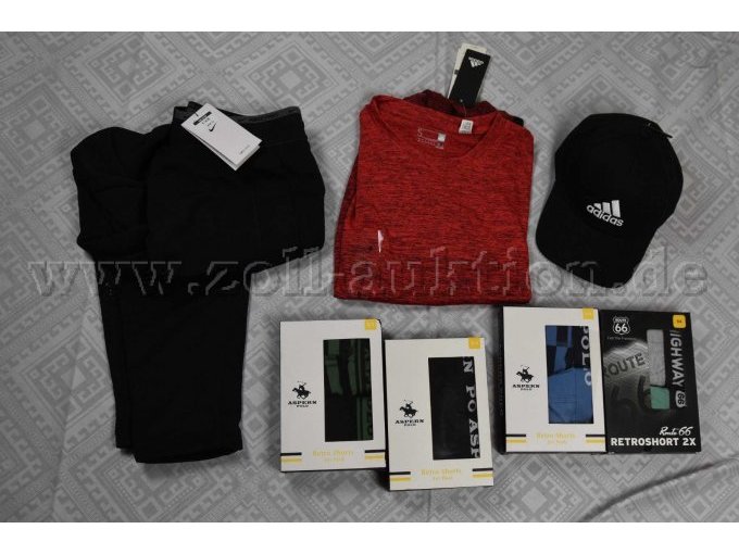 1 schwarzes BaseCap „Adidas“
3 Packungen Retro Shorts „Aspern Polo“, 1 Packung Retro Shorts „Route 66“, 1 rotes T-Shirt „Adidas“ und 1 schwarze Hose “Nike”