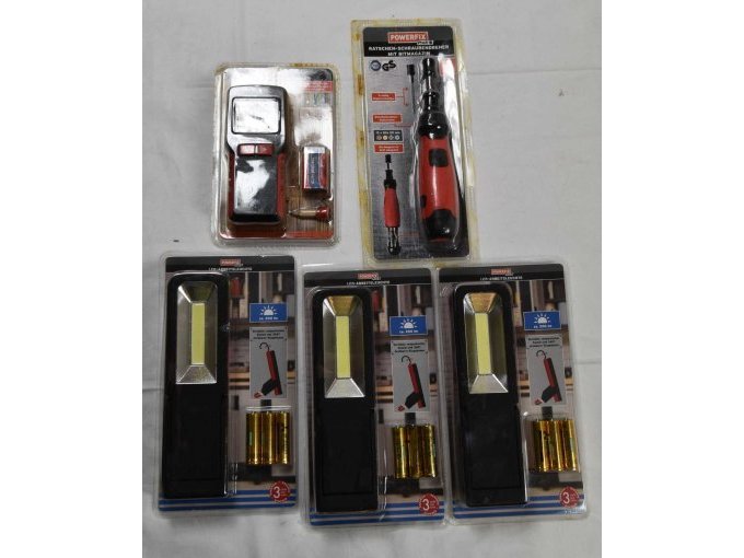 3 LED-Leuchten, 1  1 4in1 Multifunktionsdetektor und 1 1 Ratschen-Schraubendreher "Powerfix"