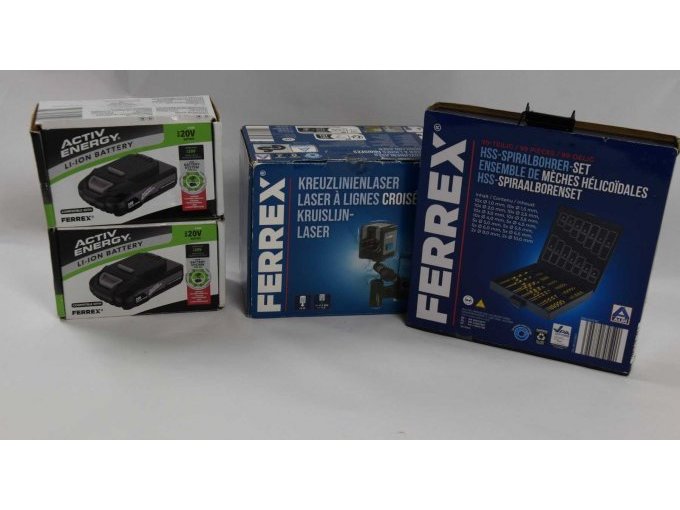 1 Spiralbohrer „Ferrex“ -Set 99-teilig – Original verpackt
1 Kreuzlinienlaser „Ferrex“ - Original verpackt &
2 LI-ION-Akku „Ferrex“- Original verpackt