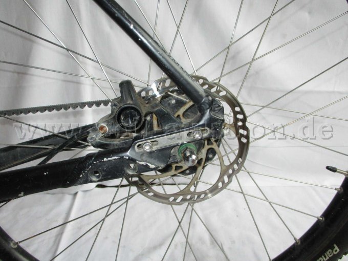 Teilansicht Hinterrad mit Scheibenbremse und Magura Bremsblock