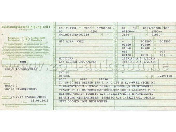 Zulassungsbescheinigung Teil I