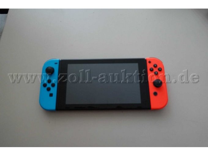 1 Nintendo Switch Konsole 32GB incl. zwei Joy-Controllern, 1x in Neon-Rot und 1x in Neon-Blau mit ausgeschaltetem Bildschirm, gebraucht