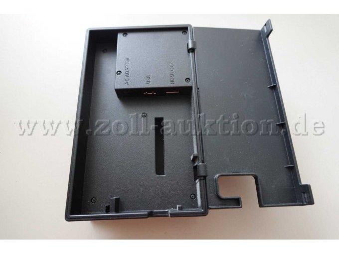 1 Dockingstation Draufsicht geöffnet, mit AC Adapter-, USB- und HDMI OUT-Anschluss schwarz
