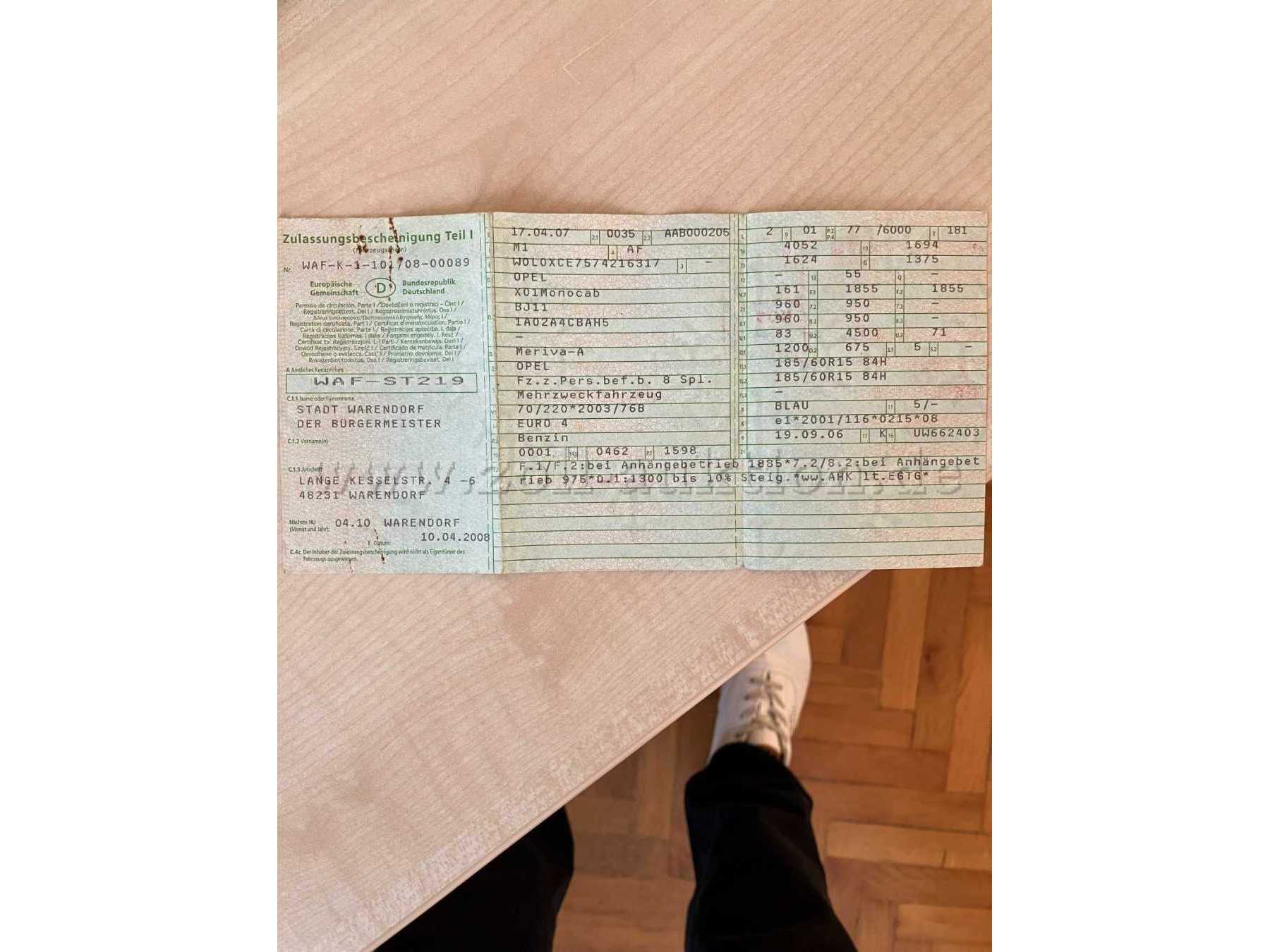 Fahrzeugschein Vorderseite