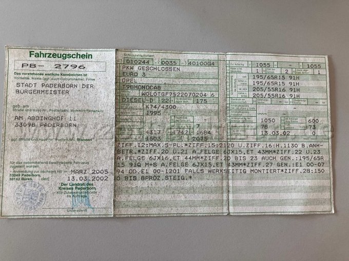 Fahrzeugschein Vorderseite