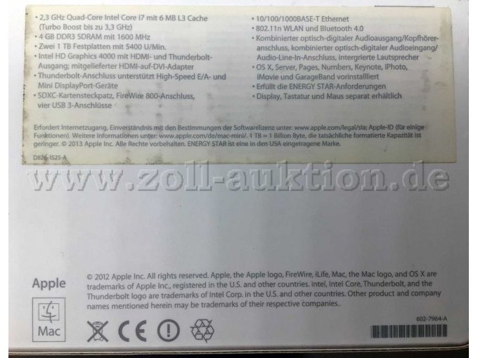 1 Original Apple Mac mini Server (Late 2012) Modell A1347+Monitor+Power Adapter – foto 4 – kavel bij Zoll-Auktion, Bochum