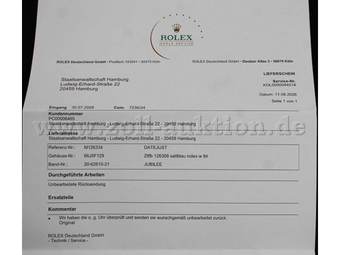 Bescheinigung der Firma Rolex