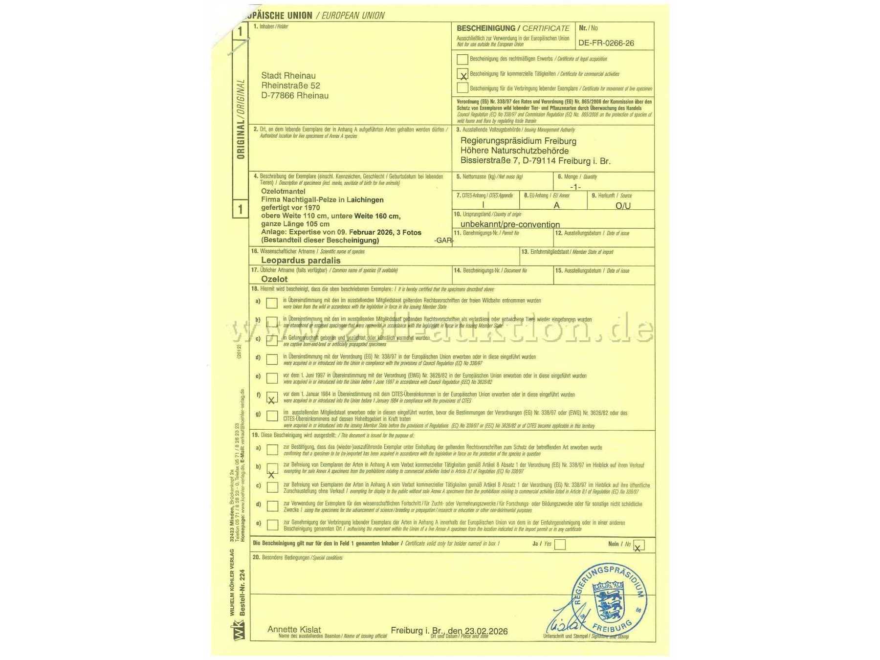 CITES-Bescheinigung Seite 1