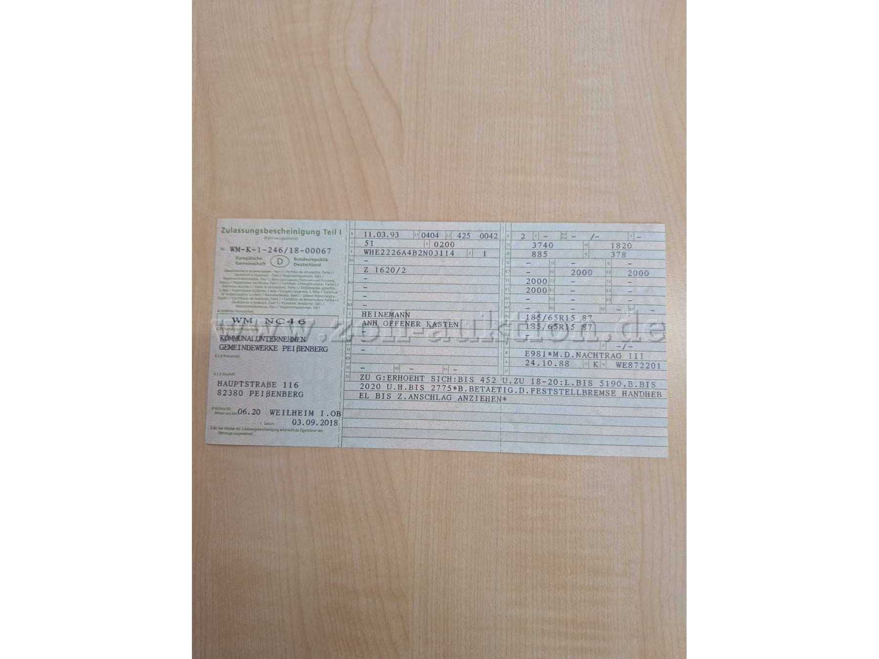 Fahrzeugschein Vorderseite