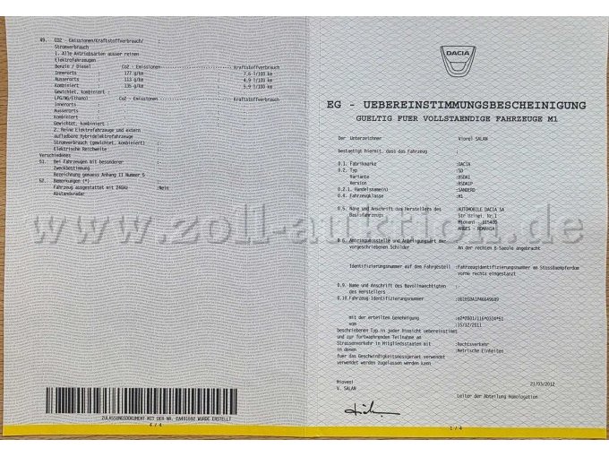Dacia Sandero SD, EG - Übereinstimmungsbescheinigung, Seite 1 Ansicht