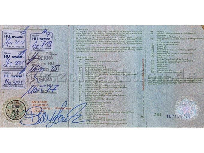 Dacia Sandero SD, KFZ-Schein, Seite 2 Ansicht