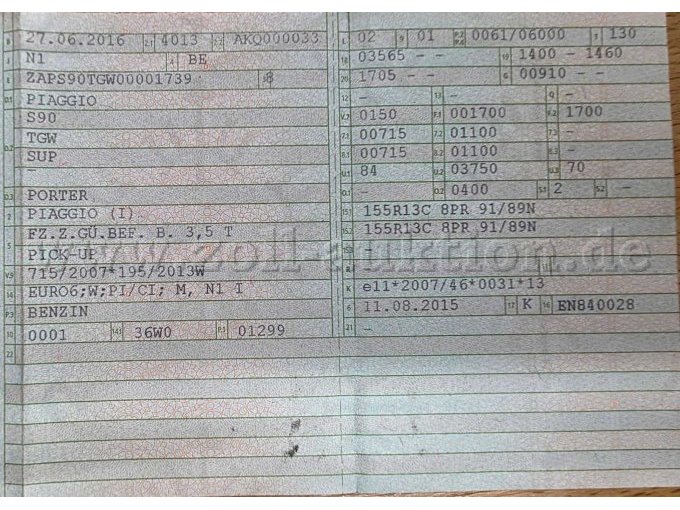 Piaggio Porter Heckkipper/Plane, KFZ-Schein vordere Ansicht