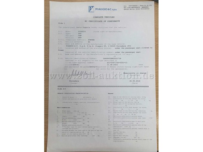 Piaggio Porter Heckkipper/Plane, Fahrzeugdaten Seite 1 Ansicht