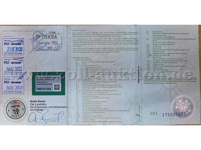 Piaggio Porter Heckkipper/Plane, KFZ-Schein hintere Ansicht