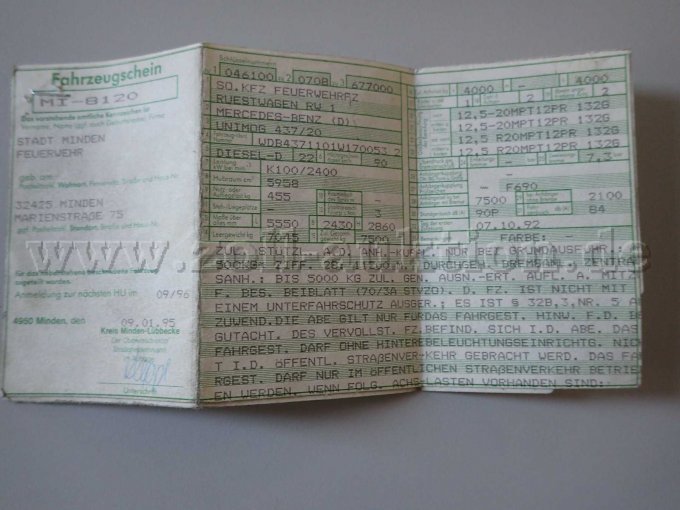 Rüst-, und Gerätewagen MB Unimog, Fahrzeugschein