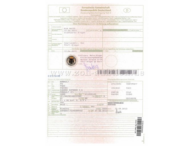 Zulassungsbescheinigung Teil II