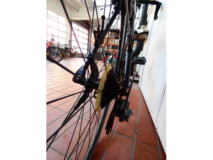 Rennrad Fuji two.3_ Ansicht von hinten auf Hinterachse nach vorn
