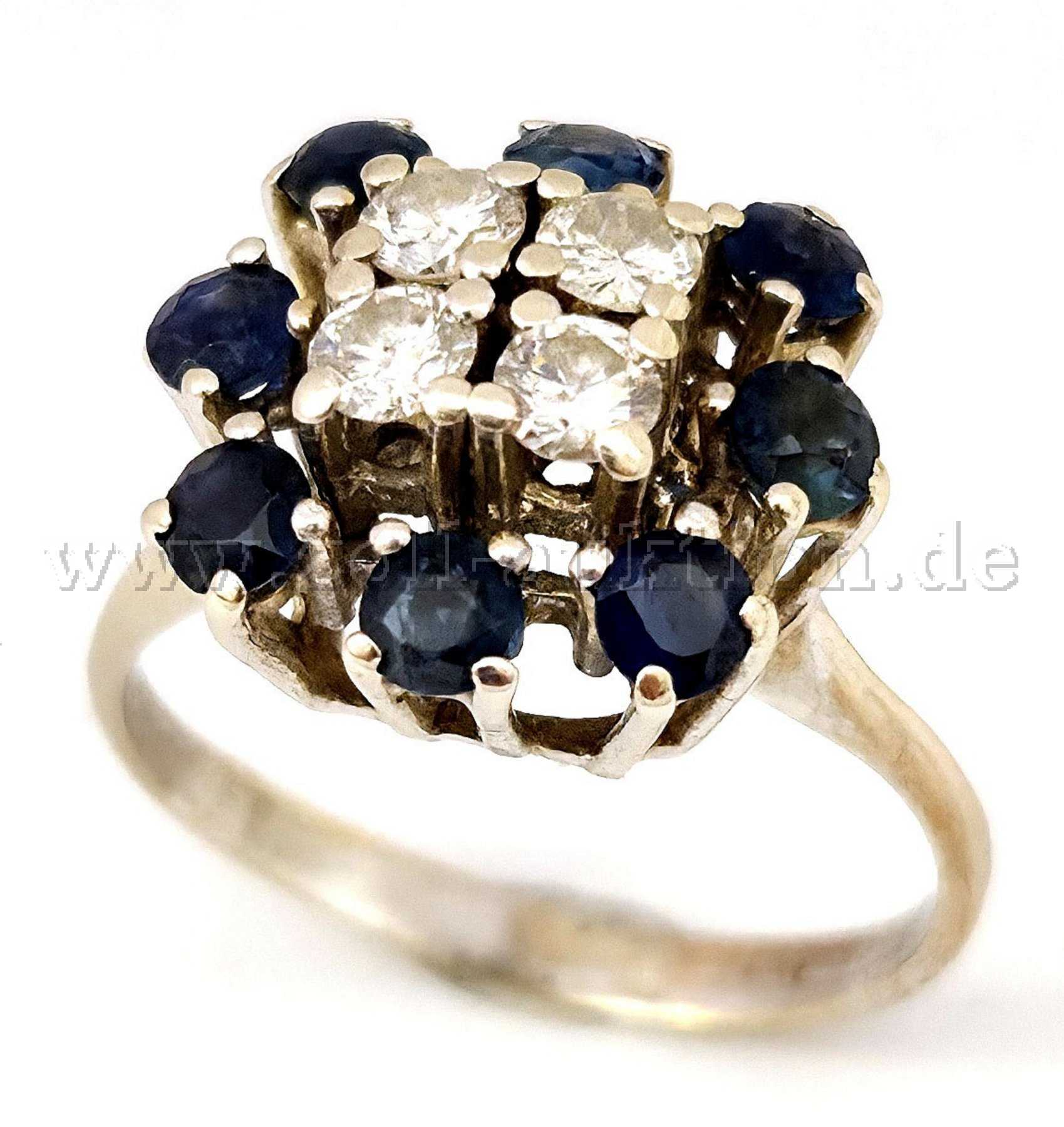 1 ring in 585 witgoud met diamanten en saffieren