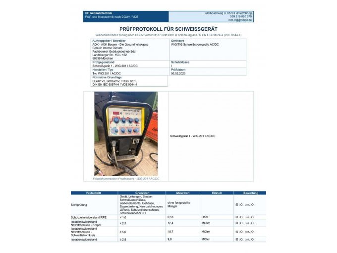 Bild Prüfprotokoll für Schweißgerät Seite 1