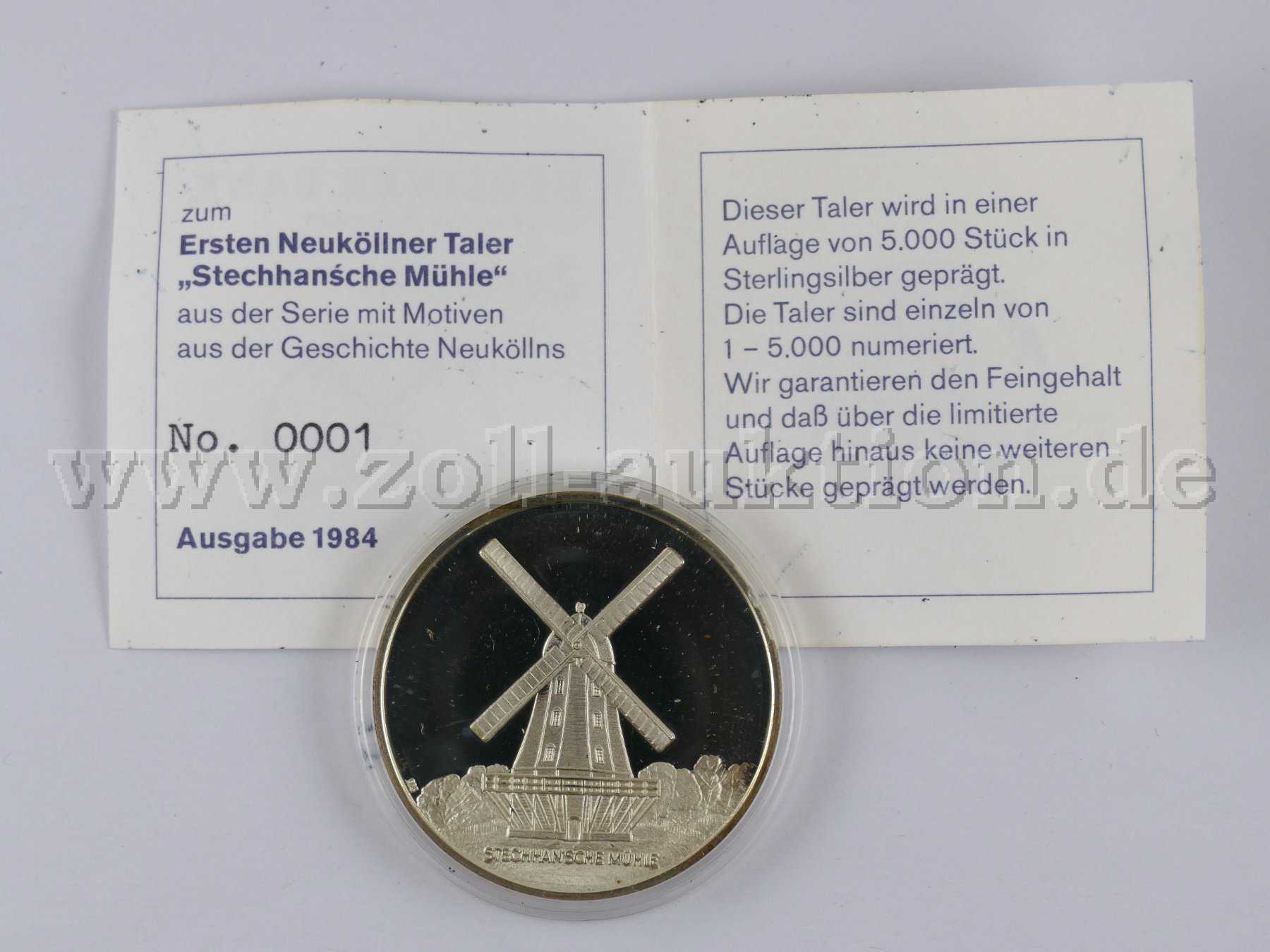 1 Silbertaler (925er) -Stechhansche Mühle Berlin-Neukölln- von 1984 mit Zertifikat