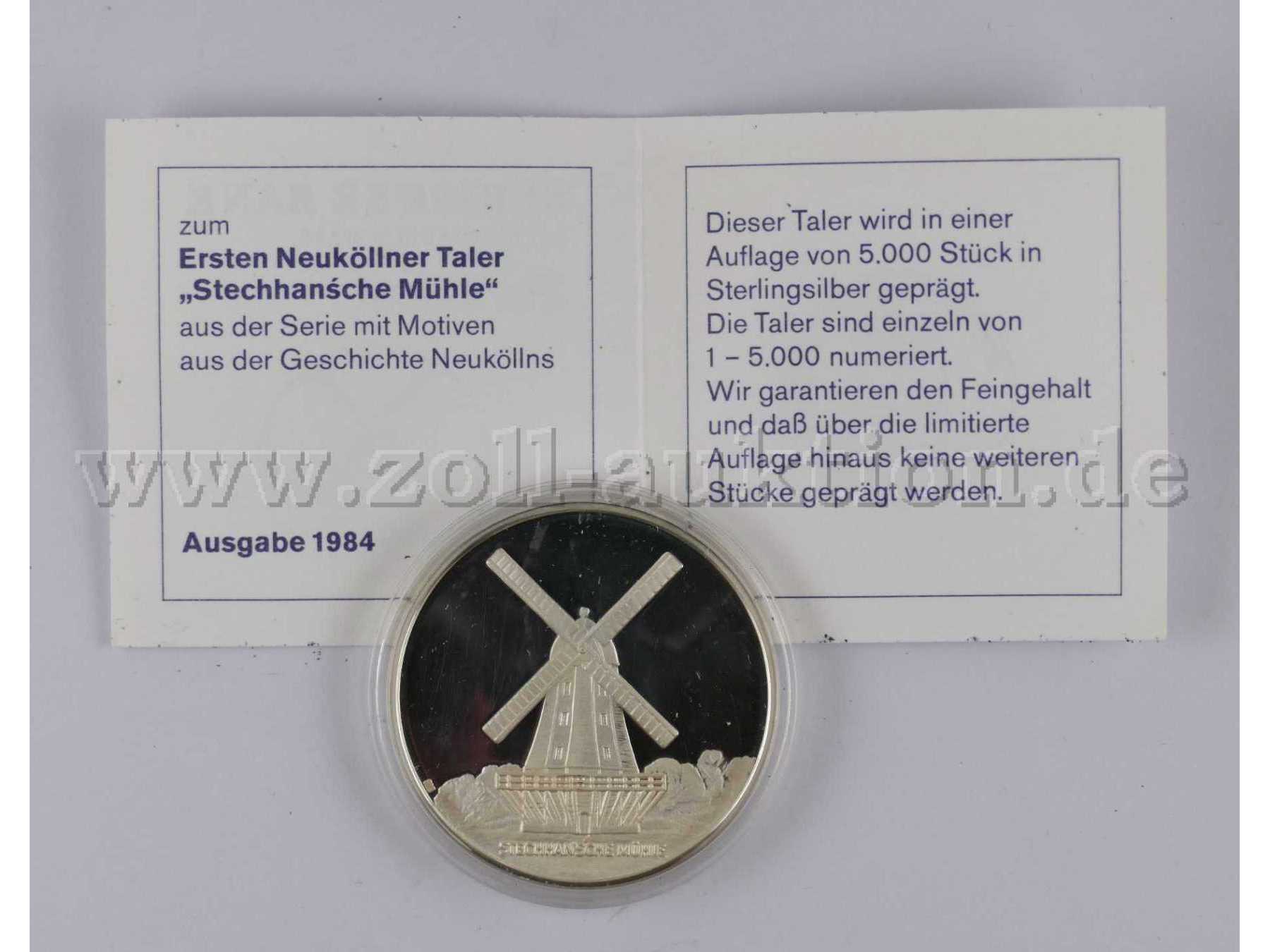 1 Silbertaler (925er) -Stechhansche Mühle Berlin-Neukölln- von 1984 mit Zertifikat