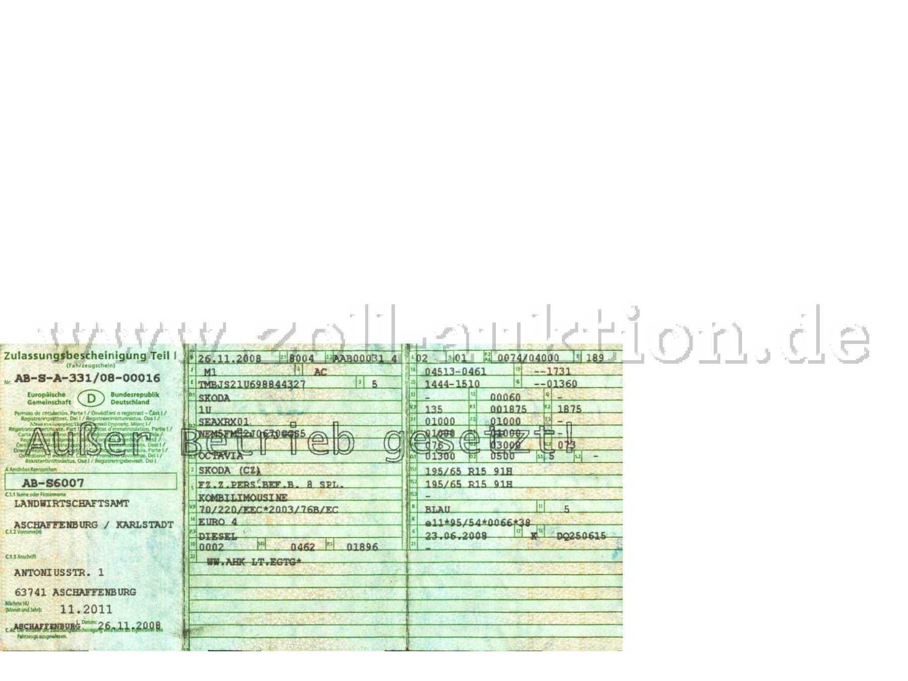 Fahrzeugschein (Vorderseite)