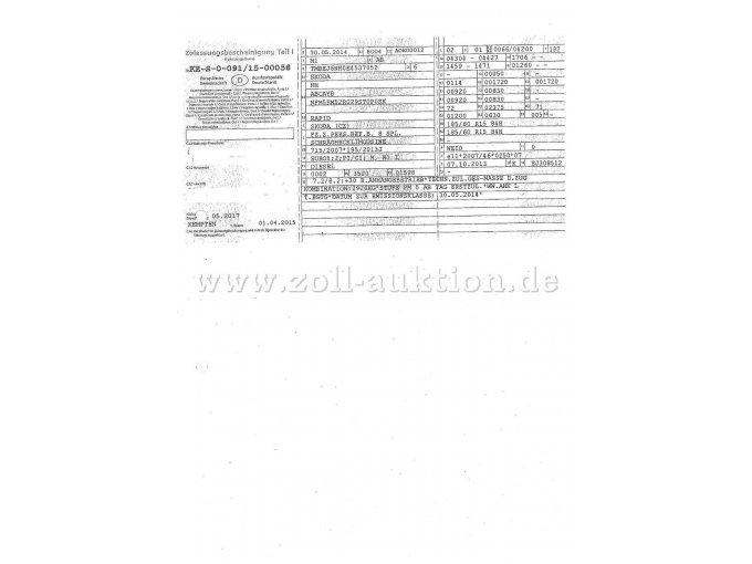 Skoda Rapid, Zulassungsbescheinigung Teil 1