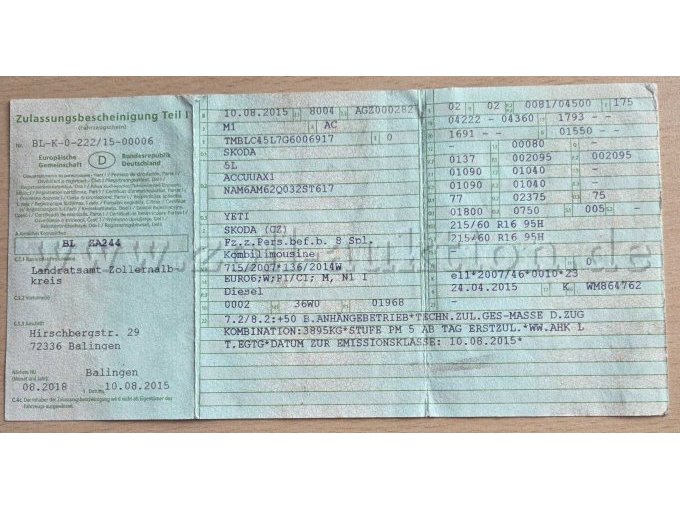 Zulassungsbescheinigung Teil I