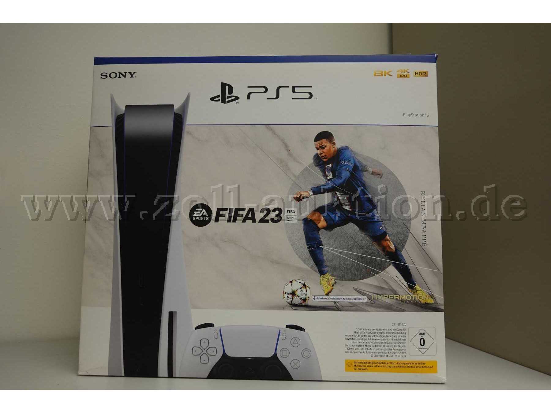 1 PS5 Edition FIFA23, weiß mit 2 Controllern, weiß und 3 Kabeln in Original Karton, gebraucht. Das FIFA23-Spiel ist nicht mehr enthalten.