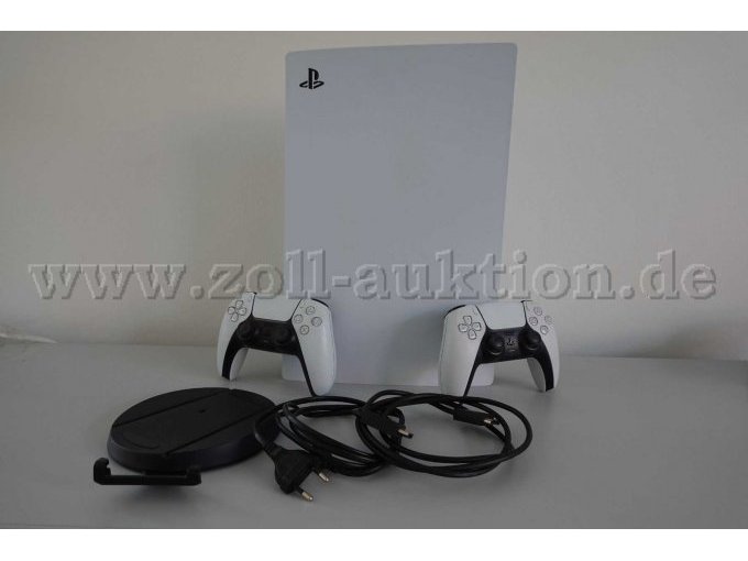 1 PS5 Draufsicht mit Logo,
2 Controller, weiß,
1 HDMI-Kabel,
1 Netzkabel,
1 Stand Fuß ohne Schraube