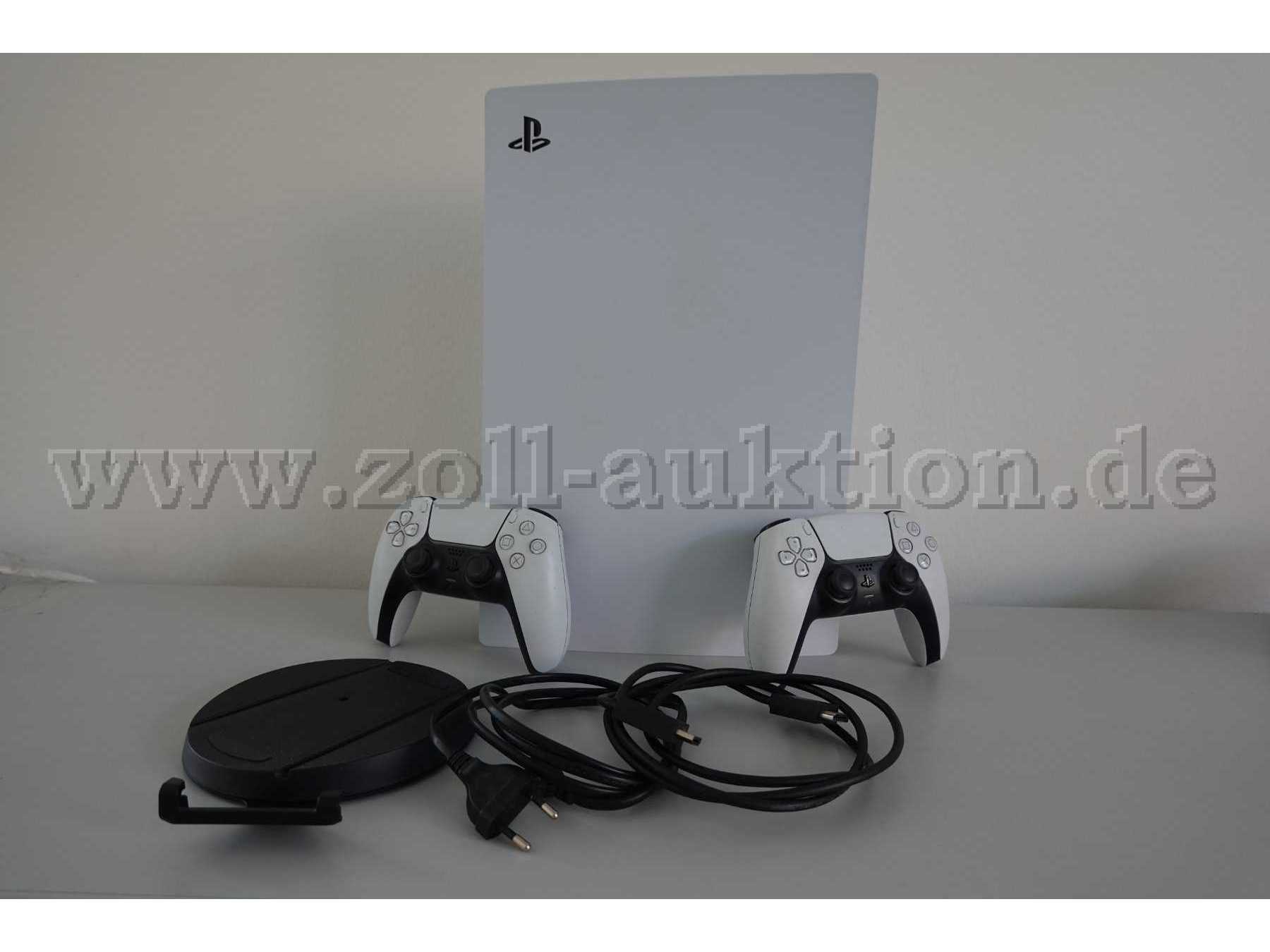 1 PS5 Draufsicht mit Logo,
2 Controller, weiß,
1 HDMI-Kabel,
1 Netzkabel,
1 Stand Fuß ohne Schraube
