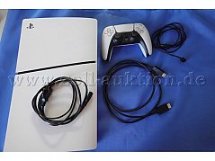 1 PS5 Draufsicht mit Logo, weiß, mit 1 Controller weiß, 3 Kabel: USB, HDMI und Netzkabel, gebraucht