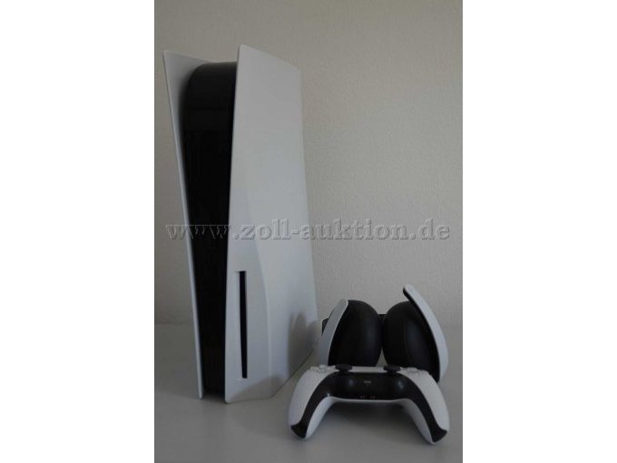 1 Playstation 5 mit 1 Controller und 1 Kopfhörer, alles in weiß/schwarz